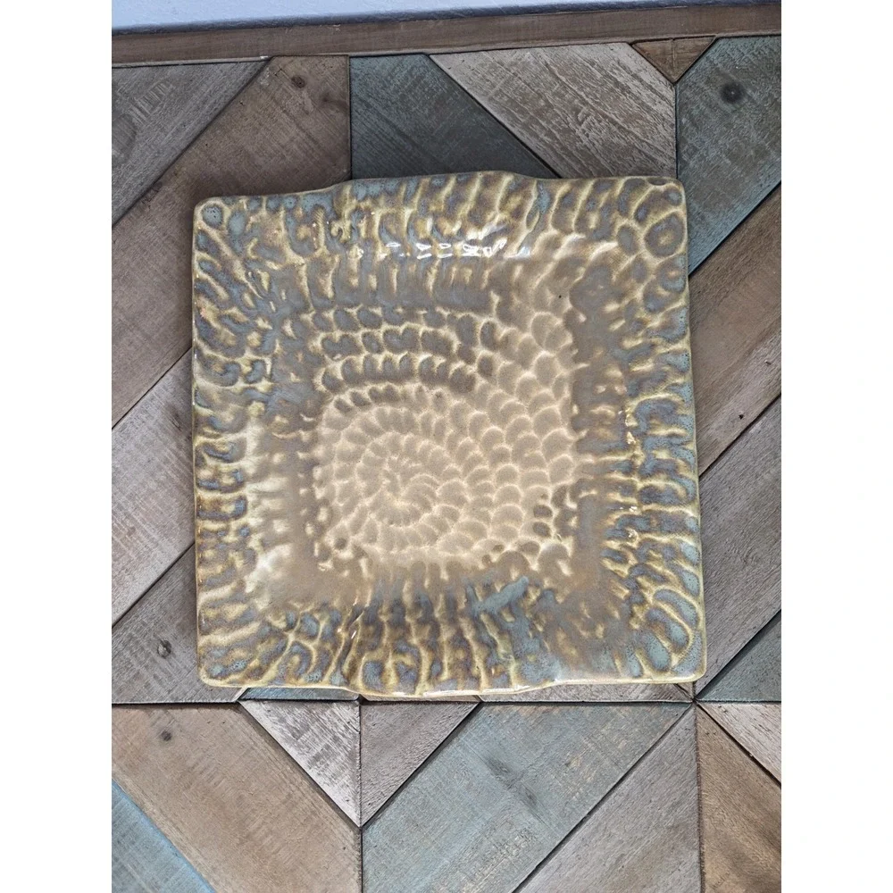 Handmade Square Pottery Hammered Look Serving Platter 10.5 X 10.5 Blue Sand‎